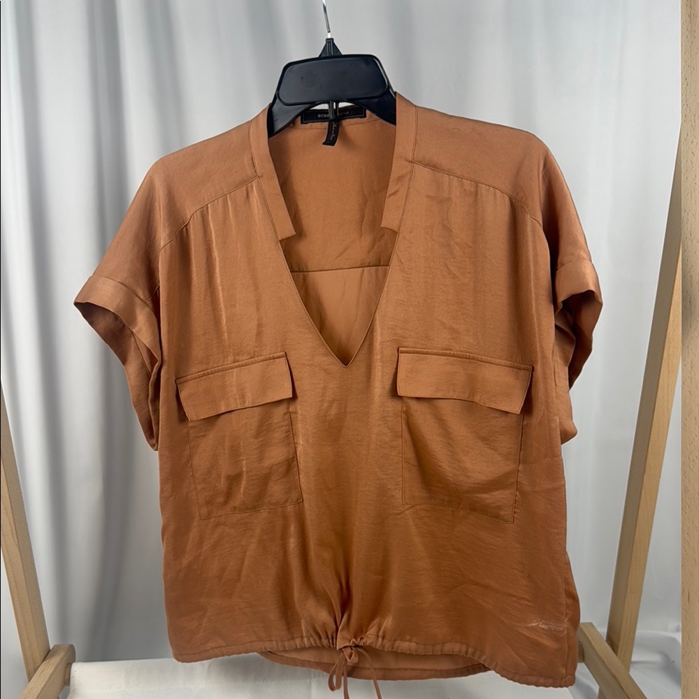 BCBGMaxazria | Silk Utility Pocket V-Neck Top, M